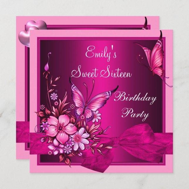 Invitation Sweet sixteen 16 Fleurs roses Papillon Anniversair (Devant / Derrière)