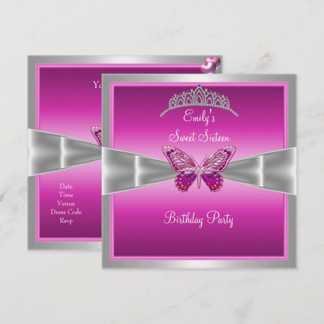 Invitation Sweet Sixteen 16 Fuchsia Rose Argent Diadème 2 (Devant / Derrière)
