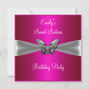 Invitation Sweet sixteen 16 Fuschia Bijou papillon en argent