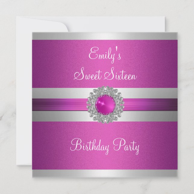 Invitation Sweet sixteen 16 Fuschia Bijoux en argent Annivers (Devant)