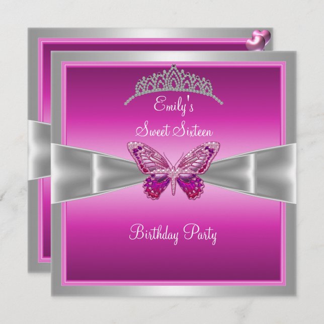 Invitation Sweet sixteen 16 Fushia Pink Silver Tiara 2 (Devant / Derrière)