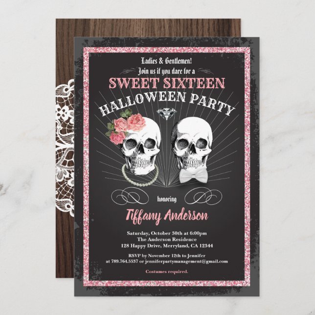 Invitation Sweet sixteen 16 Halloween fête d'anniversaire ros (Devant / Derrière)