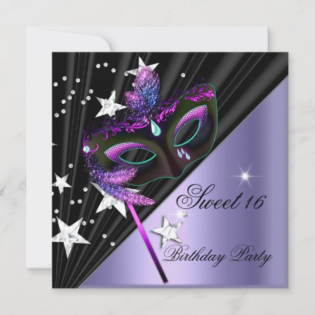 Invitation Sweet sixteen 16 Lilac Black Silver Masque (Devant)
