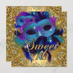 Invitation Sweet sixteen 16 Mascarade bleu or violet