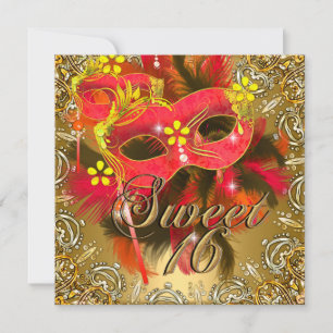 Invitation Sweet sixteen 16 Mascarade Rouge Jaune Or