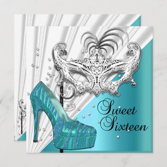 Invitation Sweet sixteen 16 Masque Turquoise en argent 2 (Devant / Derrière)