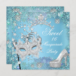 Invitation Sweet sixteen 16 Masquerade Party Blue Tiara Chaus
