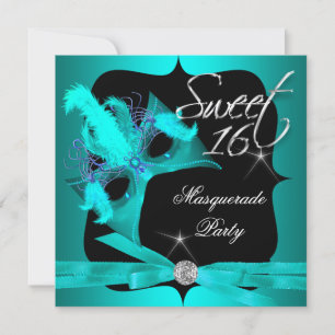Invitation Sweet sixteen 16 Masquerade Turquoise Bleu