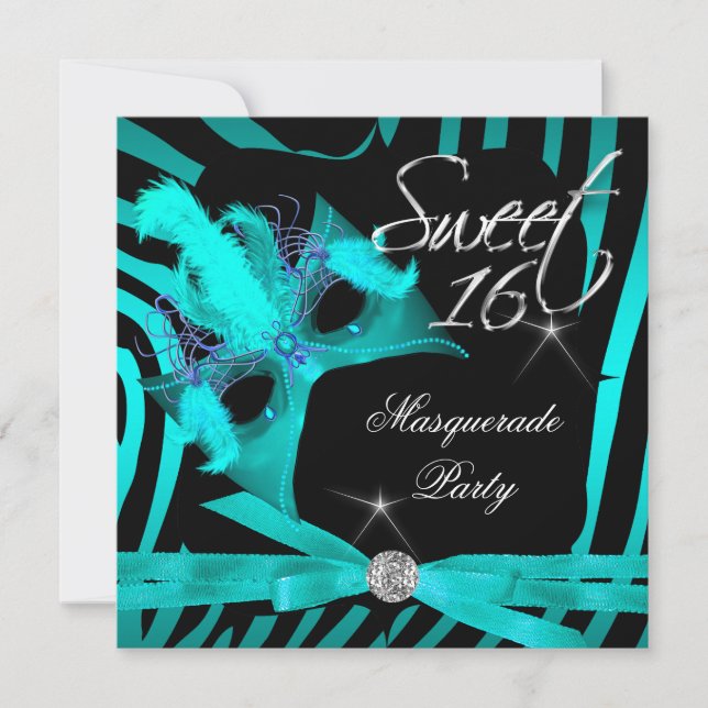 Invitation Sweet sixteen 16 Masquerade Zèbre Turquoise (Devant)