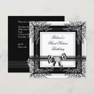 Invitation Sweet Sixteen 16 Noir Blanc Dentelle Floral Diaman