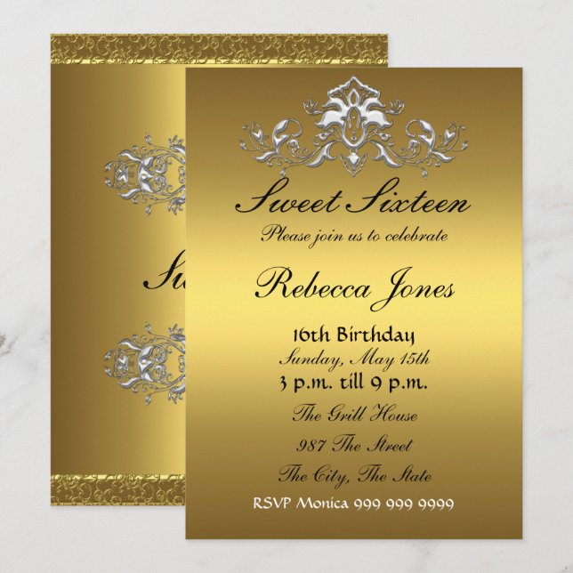 Invitation Sweet sixteen 16 Or (Devant / Derrière)