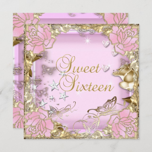 Invitation Sweet sixteen 16 Or rose Floral (Devant / Derrière)