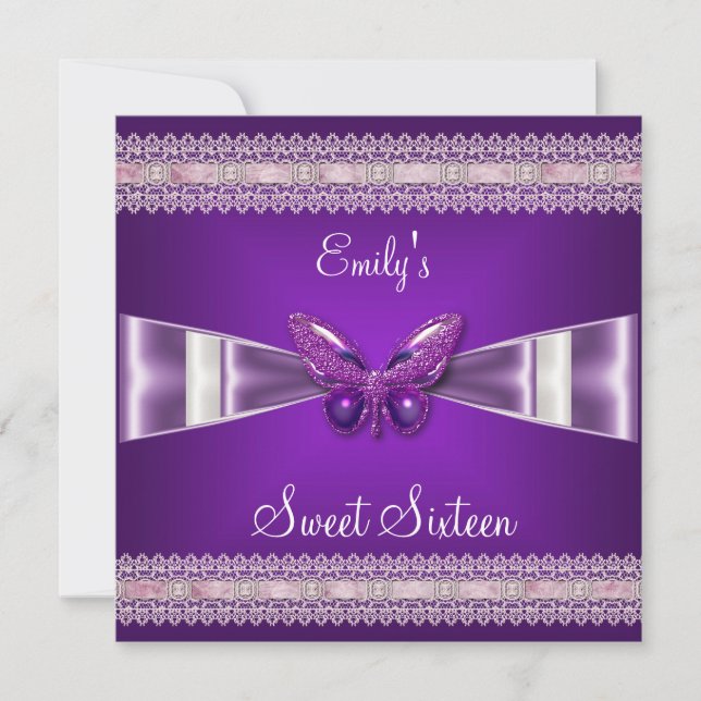 Invitation Sweet sixteen 16 Papillon blanc pourpre (Devant)