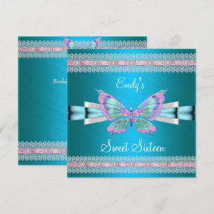 Invitation Sweet sixteen 16 Papillon bleu Turquoise blanc ros