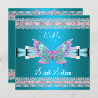 Invitation Sweet sixteen 16 Papillon bleu Turquoise blanc ros