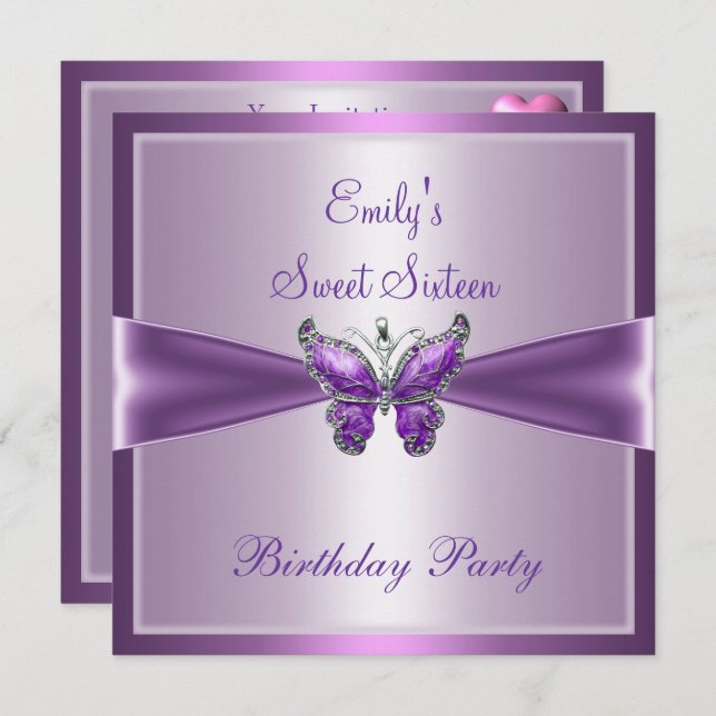 Invitation Sweet sixteen 16 Papillon mauve mauve (Devant / Derrière)