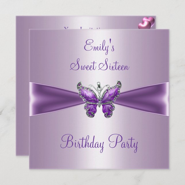 Invitation Sweet sixteen 16 Papillon mauve mauve (Devant / Derrière)
