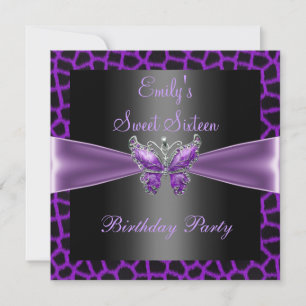 Invitation Sweet sixteen 16 Papillon noir mauve