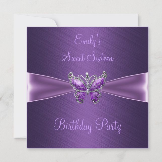 Invitation Sweet sixteen 16 Papillon pourpre Anniversaire (Devant)