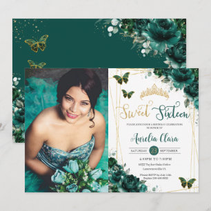 Invitation Sweet sixteen 16 Papillons floraux vert émeraude