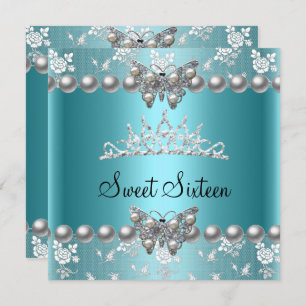 Invitation Sweet sixteen 16 Parti Turquoise Blue Pearl Butter