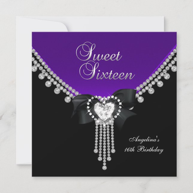 Invitation Sweet sixteen 16 Partie noir violet diamant (Devant)