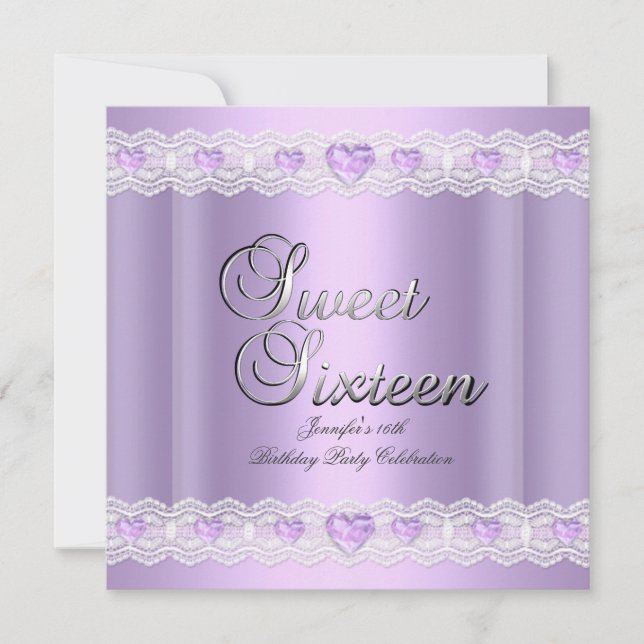 Invitation Sweet sixteen 16 Partie Purple Silver Lilac Coeurs (Devant)