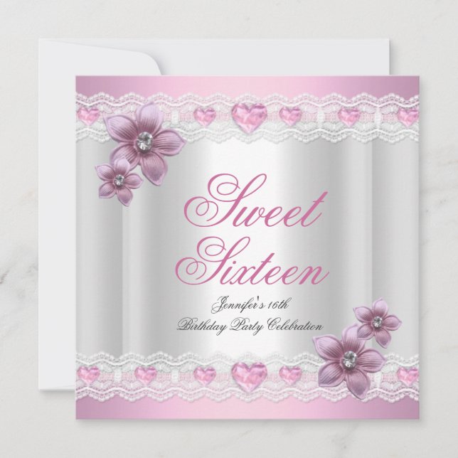 Invitation Sweet sixteen 16 Partie rose argent rose Fleur ros (Devant)