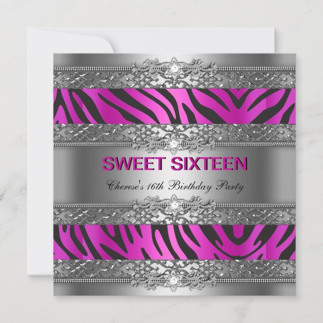 Invitation Sweet sixteen 16 Partie Rose chaud Silver Zebra No (Devant)