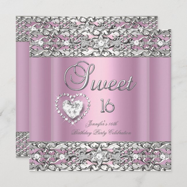 Invitation Sweet sixteen 16 Partie Rose Silver Diamond (Devant / Derrière)