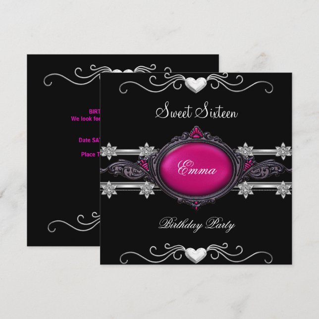 Invitation Sweet sixteen 16 Party Argent rose bijou noir (Devant / Derrière)