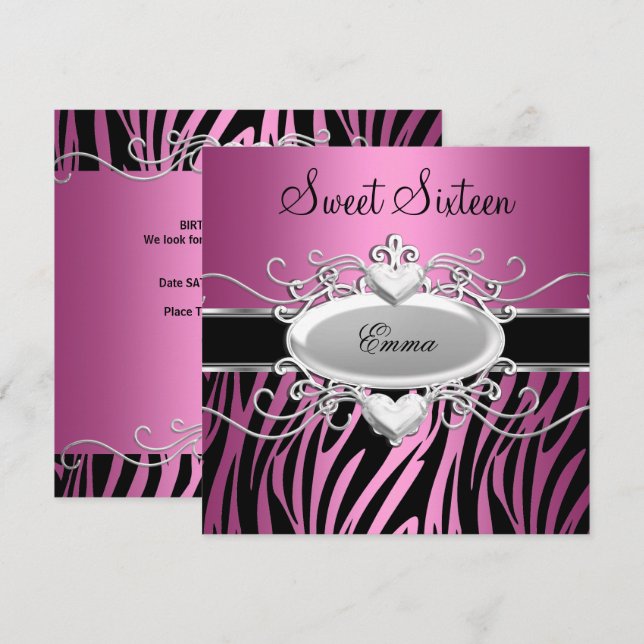 Invitation Sweet sixteen 16 Party Silver rose noir Zèbre (Devant / Derrière)