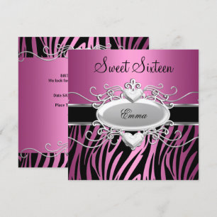 Invitation Sweet sixteen 16 Party Silver rose noir Zèbre