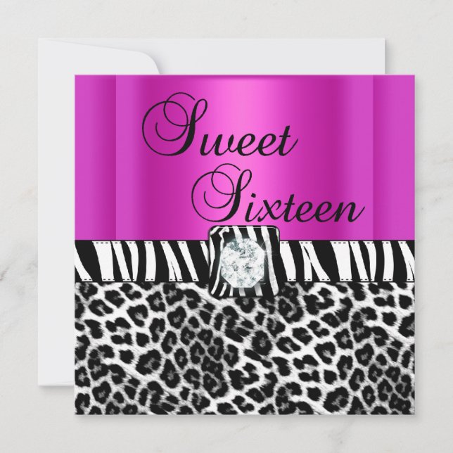 Invitation Sweet sixteen 16 Party Zebra Hot Pink Leopard (Devant)