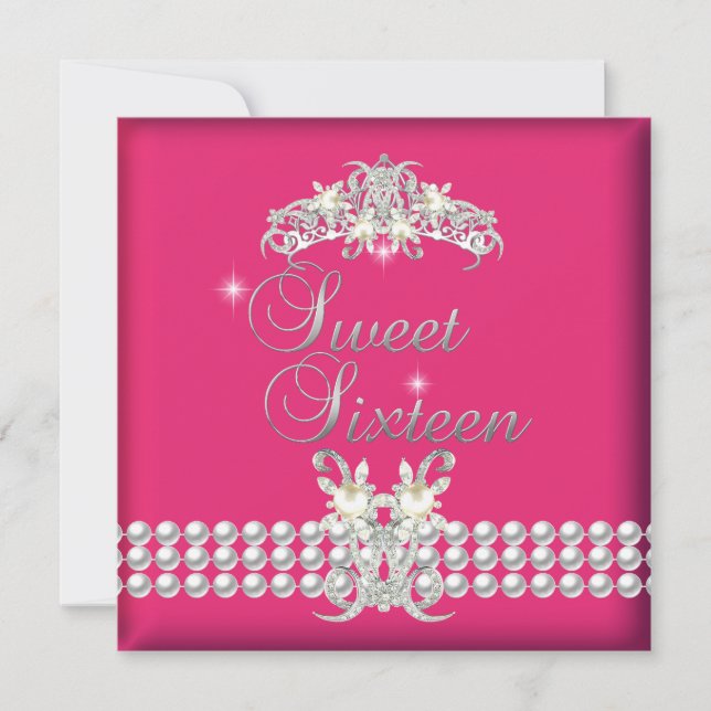 Invitation Sweet sixteen 16 Perle blanche en argent Tiara ros (Devant)