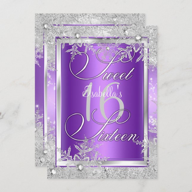Invitation Sweet sixteen 16 Purple Winter Wonderland (Devant / Derrière)