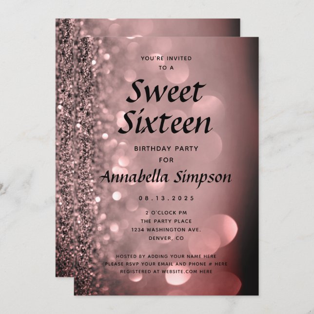 Invitation Sweet sixteen 16 Rose Parties scintillant or Anniv (Devant / Derrière)