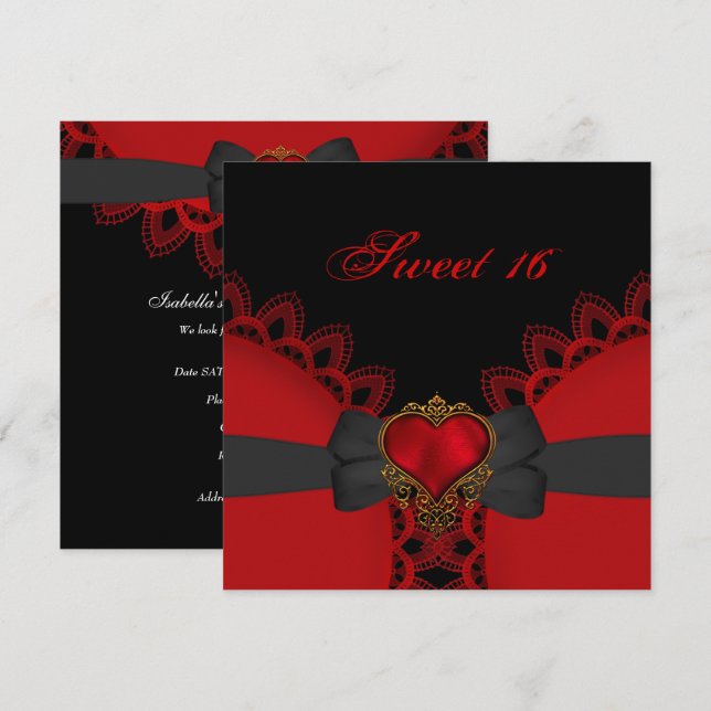 Invitation Sweet sixteen 16 Rouge noir dentelle Coeur gothiqu (Devant / Derrière)