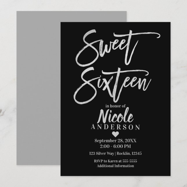 Invitation SWEET SIXTEEN 16 Silver Gris Pile & Noir Moderne (Devant / Derrière)