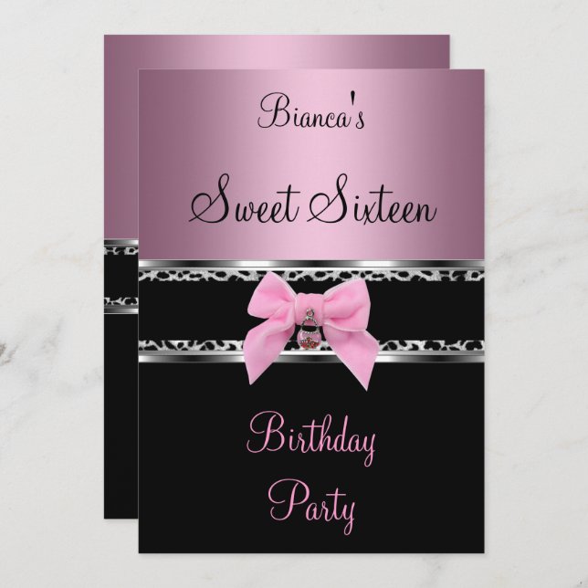 Invitation Sweet sixteen 16 Silver rose Zèbre noir Léopard 3 (Devant / Derrière)