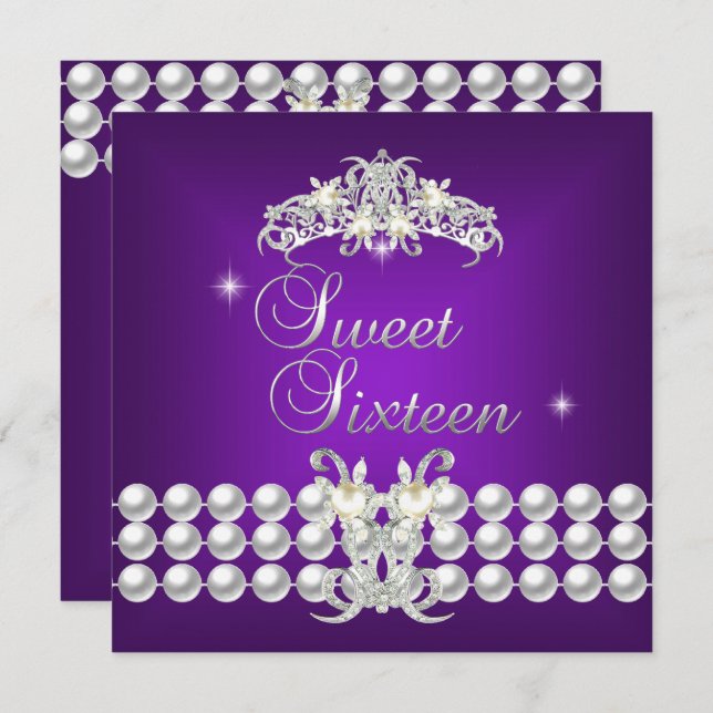 Invitation Sweet sixteen 16 Tiara Purple Silver White Pearl (Devant / Derrière)