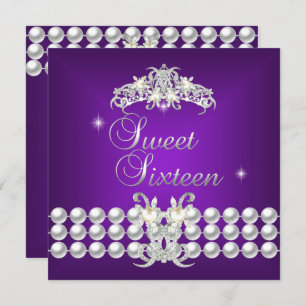 Invitation Sweet sixteen 16 Tiara Purple Silver White Pearl