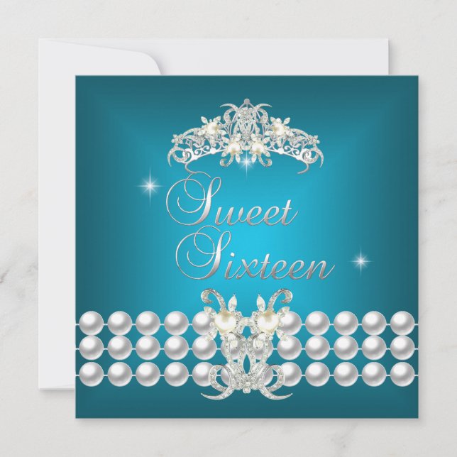 Invitation Sweet sixteen 16 Tiara Turquoise Bleu blanc Perle (Devant)