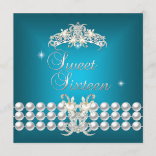 Invitation Sweet sixteen 16 Tiara Turquoise Bleu blanc Perle