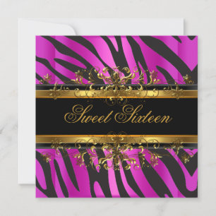 Invitation Sweet sixteen 16 Zebra Hot rose Or Noir