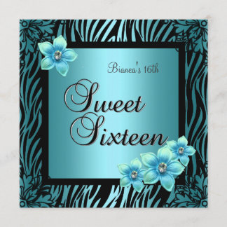 Invitation Sweet Sixteen 16e Anniversaire Fleur Bleue Noir Ar