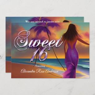 Invitation Sweet sixteen 16e fille violette Plage Océan or