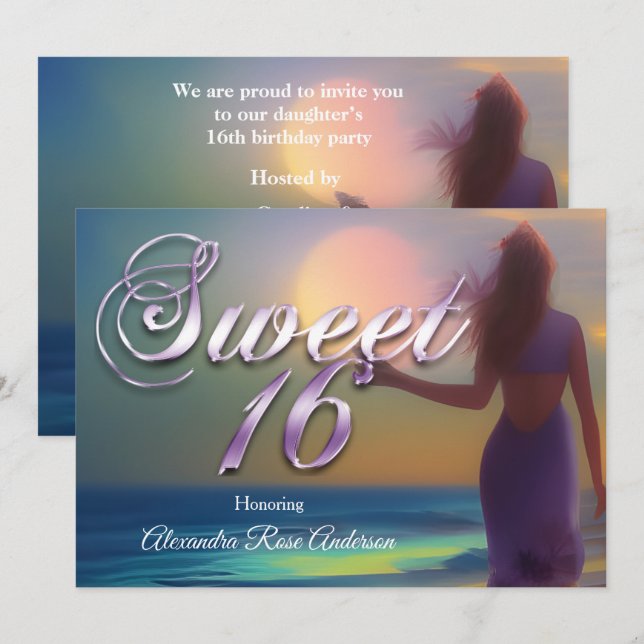 Invitation Sweet sixteen 16e fille violette sur Plage bleu oc (Devant / Derrière)