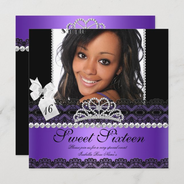 Invitation Sweet sixteen 16e photo en argent violet dentelle  (Devant / Derrière)