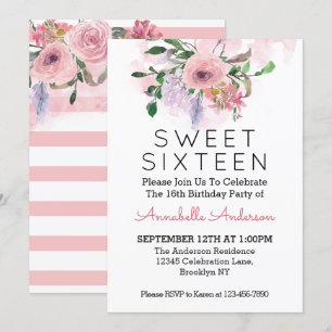Invitation Sweet sixteen 16ème anniversaire Aquarelle rose
